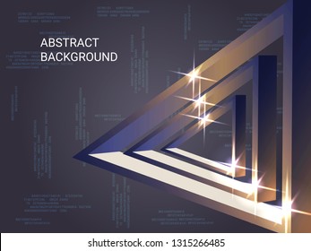 Geometric triangles sparkle on the background. 3D vector illustration . Creative geometric background. Abstract composition. Bronze  three-dimensional  geometric triangle in space.