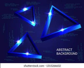 Geometric triangles sparkle on the background. 3D vector illustration . Creative geometric background. Abstract composition. Blue  three-dimensional  geometric triangle in space.