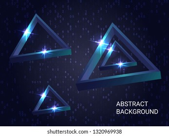 Geometric triangles sparkle on the background. Modern geometric background. Abstract composition. 3D vector illustration . Blue  three-dimensional  geometric triangle in space.