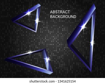 Geometric triangles sparkle on the background. Modern geometric background. Abstract composition. 3D vector illustration . Blue  three-dimensional  geometric triangle in space.