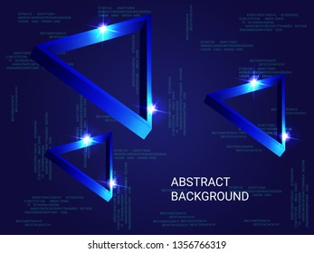 Geometric triangles sparkle on the background. Minimal geometric background. Abstract composition. 3D vector illustration . Blue  three-dimensional  geometric triangle in space.