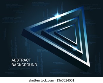 Geometric triangles sparkle on the background. 3D vector illustration . Futuristic geometric background. Abstract composition. Blue  three-dimensional  geometric triangle in space.