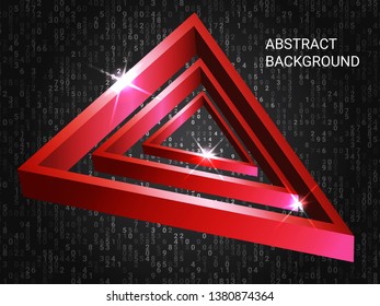 Geometric triangles sparkle on the background. 3D vector illustration . Futuristic geometric background. Abstract composition. Red  three-dimensional  geometric triangle in space.