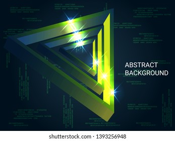 Geometric triangles sparkle on the background. Minimal geometric background. Abstract composition. 3D vector illustration . Green  three-dimensional  geometric triangle in space.