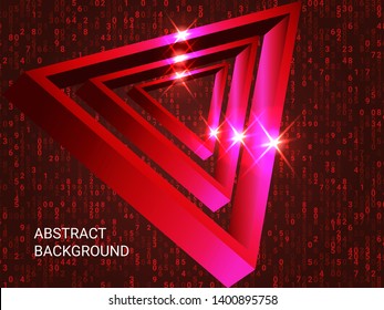 Geometric triangles sparkle on the background. Futuristic geometric background. Abstract composition. 3D vector illustration . Red  three-dimensional  geometric triangle in space.