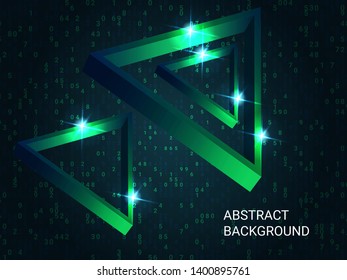Geometric triangles sparkle on the background. Futuristic geometric background. Abstract composition. 3D vector illustration . Green  three-dimensional  geometric triangle in space.