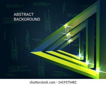 Geometric triangles sparkle on the background. 3D vector illustration . Futuristic geometric background. Abstract composition. Green  three-dimensional  geometric triangle in space.