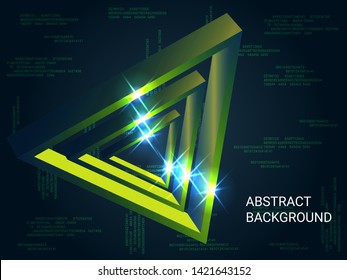Geometric triangles sparkle on the background. Creative geometric background. Abstract composition. 3D vector illustration . Green  three-dimensional  geometric triangle in space.