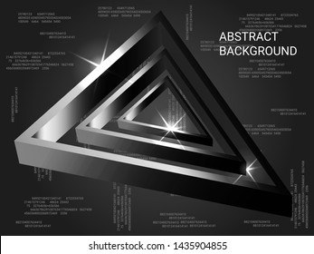 Geometric triangles sparkle on the background. 3D vector illustration . Creative geometric background. Abstract composition. Silver  three-dimensional  geometric triangle in space.