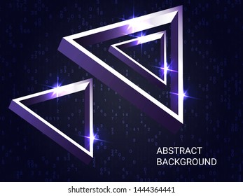Geometric triangles sparkle on the background. 3D vector illustration . Modern geometric background. Abstract composition. Viovet  three-dimensional  geometric triangle in space.