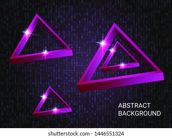 Geometric triangles sparkle on the background. 3D vector illustration . Modern geometric background. Abstract composition. Viovet  three-dimensional  geometric triangle in space.