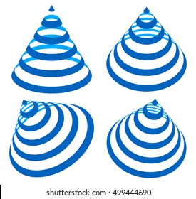 Geometric triangles with stripes, lines in 4 angle. Cone with stripes.