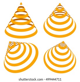 Geometric triangles with stripes, lines in 4 angle. Cone with stripes.
