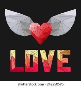 geometric triangular abstract polygonal heart with wings and love word isolated on dark cover for use in design for valentines day or wedding greeting card