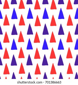 Geometric, triangular colorful hand drawn seamless pattern. Kids doodle background for minimalistic design greeting card, wrapping paper, fashion, fabric textile. Watercolor dry brush strokes paint. 