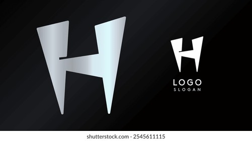 Geometric triangular H letter, abstract dynamic logo, modern holographic gradient monogram for gaming, technology, urban art, innovation, streetwear brand, sci-fi cybersport. Vector illustration