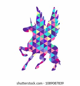 Geometric triangular illustration of unicorn. Colorful magic horse on white background. Unicorn silhouette design. Fairy animal. Cute magic fantasy animal. Dream symbol