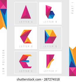 geometric triangular low polygon alphabet letters a, b, c, d, e and f. Colorful abstract logo elements