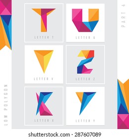 geometric triangular low polygon alphabet letters t, u, v, z, x and y. Colorful abstract logo elements