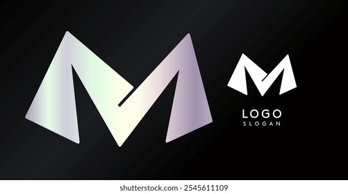 Geometric triangular M letter, abstract dynamic logo, modern holographic gradient monogram for gaming, technology, urban art, innovation, streetwear brand, sci-fi cybersport. Vector illustration