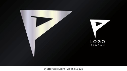 Geometric triangular P letter, abstract dynamic logo, modern holographic gradient monogram for gaming, technology, urban art, innovation, streetwear brand, sci-fi cybersport. Vector illustration