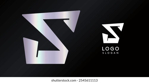Geometric triangular S letter, abstract dynamic logo, modern holographic gradient monogram for gaming, technology, urban art, innovation, streetwear brand, sci-fi cybersport. Vector illustration