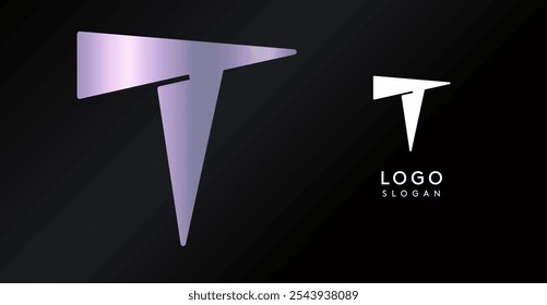 Geometric triangular T letter, funky dynamic logo, modern comic cartoon monogram for gaming, technology, urban art, comic art, streetwear brand, sci-fi cybersport. Vector illustration.