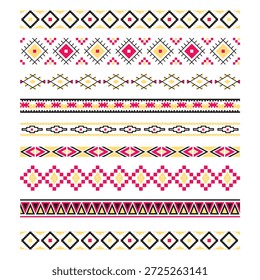 Geometric Tribal Border Patterns in Bright Pink, Yellow, and Black for Decorative Design Projects