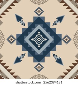 Geometric tribal design with a beige background complemented by deep blue and brown accents. The symmetrical composition features diamond shapes and arrow motifs. For use in textile patterns, wall art