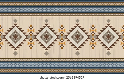 Geometric tribal design with a beige background complemented by deep blue and brown accents. The symmetrical composition features diamond shapes and arrow motifs. For use in textile patterns, wall art