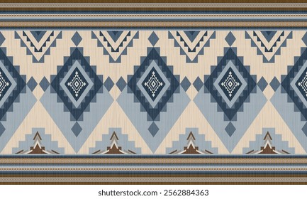 Geometric tribal design with a beige background complemented by deep blue and brown accents. The symmetrical composition features diamond shapes and arrow motifs. For use in textile patterns, wall art