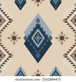 Geometric tribal design with a beige background complemented by deep blue and brown accents. The symmetrical composition features diamond shapes and arrow motifs. For use in textile patterns, wall art