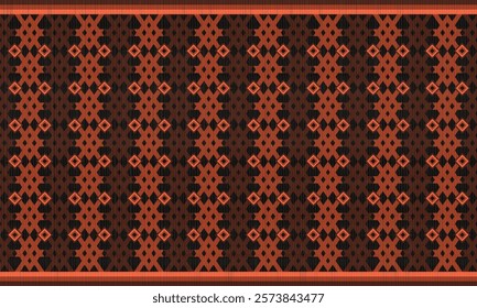 Geometric tribal design with a black background complemented by deep orange, brown accents. The symmetrical composition features diamond shapes and arrow motifs. For use in textile patterns, wall art.