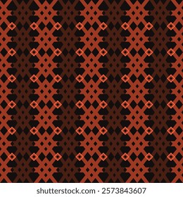 Geometric tribal design with a black background complemented by deep orange, brown accents. The symmetrical composition features diamond shapes and arrow motifs. For use in textile patterns, wall art.