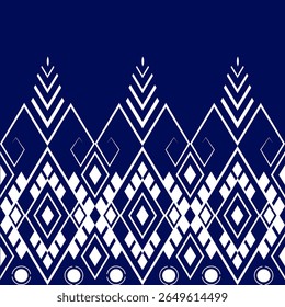 Geometric tribal diamond pattern in navy and white tones. Perfect for modern ethnic fashion, digital textiles, and fabric print design.