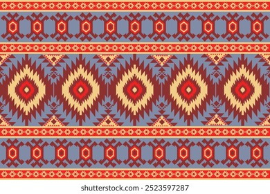 Geometric Tribal Diamond Pattern with Red Blue Yellow Symmetrical Motifs
