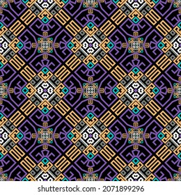 Geometric tribal ethnic colorful seamless pattern. Ornamental greek style background. Vector repeat modern backdrop. Abstract bright trendy ornaments. Greek key, meanders, rhombus, rectangles, shapes.