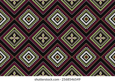 Geometric tribal ethnic diamond pattern in earthy tones, designed for textiles, wallpapers, wrapping papers, carpets, or fabric. Vector illustration in embroidery style with intricate details.