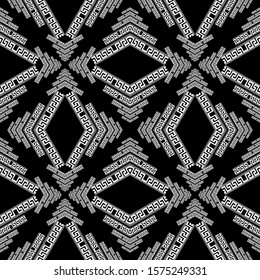 Geometric tribal ethnic greek style vector seamless pattern.  Black and white abstract background. Repeat backdrop. Geometry symmetrical  ornament with abstract shapes, rhombus, greek key meanders.