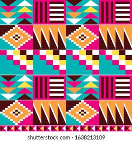 Geometric tribal Kente seamless vector pattern with abstract shapes, African nwentoma style inspired vector design
