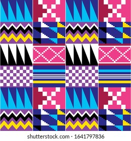 Geometric tribal Kente vector seamless pattern, African nwentoma cloth style design perfect for fabrics and textiles. Abstract repetitive design, Kente mud cloth style native to the Akan ethnic group