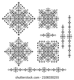 Geometric tribal line art vector design set - square and long ornaments, modern minimal patterns collection in black and white inspired by old Nordic Viking rune art. Abstract single patterns 