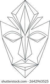Geometric tribal mask line art illustration featuring abstract angular symmetry, ideal for ethnic designs, tattoo inspiration, futuristic, digital prints, and cultural themed graphic projects.