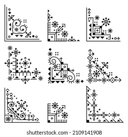 Geometric tribal or neotribal line art vector corners patterns collection, ornamental design elements inspired by old Nordic Viking rune art. Modern minimal ethnic single patterns with abstract shapes