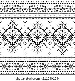 Geometric tribal or neotribal line art vector seamless pattern, textile or fabric print design set inspired by old Icelandic Nordic Viking rune art. Decorative ethnic wallpaper background 