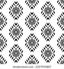 Geometric tribal ornament design with seamless repeat pattern. Aztec and Navajo ethnic style. Black and white color. Design for textile, fabric, curtain, rug, shirt, frame.