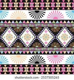 Geometric Tribal Pattern, Abstract Aztec Inspired Design, Vibrant Folk Art Textile, Colorful Mandala Inspired Print, Pink and Black Tribal Textile, Rainbow Geometric Pattern, Pastel Aztec