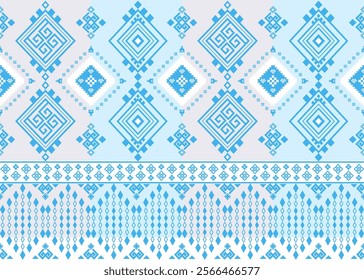 Geometric tribal pattern in blue and white with diamond motifs, ideal for textiles, home decor.
