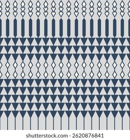 Geometric Tribal Pattern in Blue and White: Abstract Seamless Design with Triangles, Diamonds, and Vertical Lines for Textile and Decorative Arts