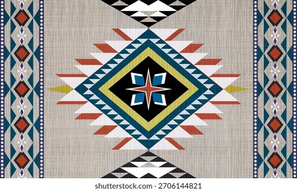 Patrón tribal geométrico con diamantes llamativos, triángulos y líneas texturizadas, perfecto para el diseño de telas, arte de pared, decoración boho, alfombra y proyectos creativos inspirados en el suroeste.